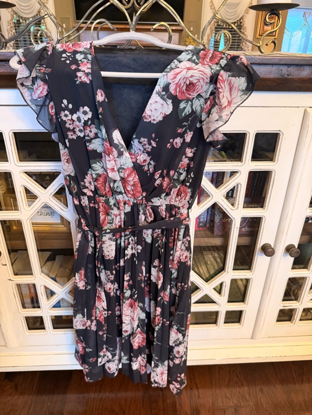 Floral Flutter-Sleeve Wrap Dress - Dusty Rose on Charcoal